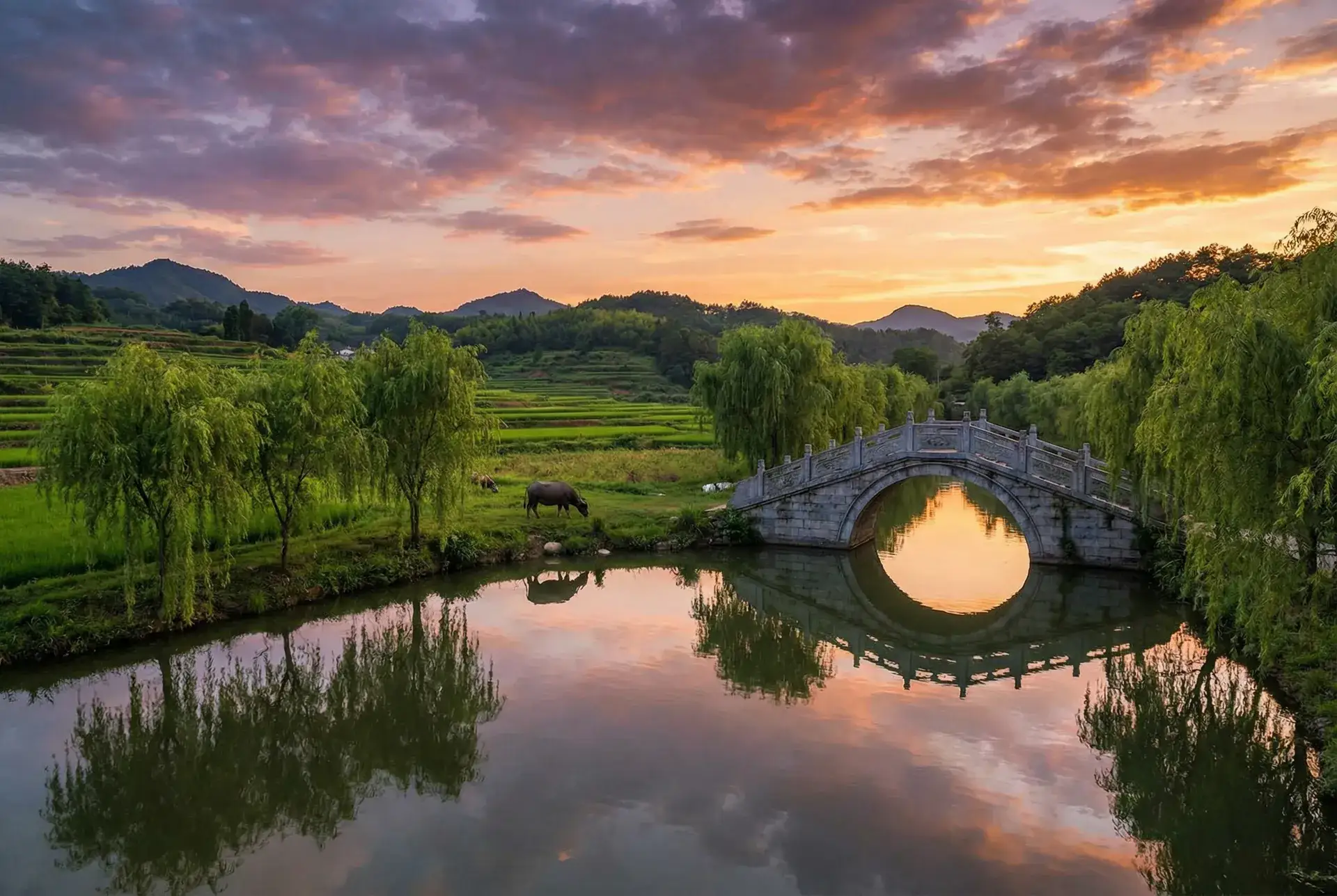 夕阳下的石拱桥与垂柳，水牛在河边吃草 - 年轻的岳母 乡村美景